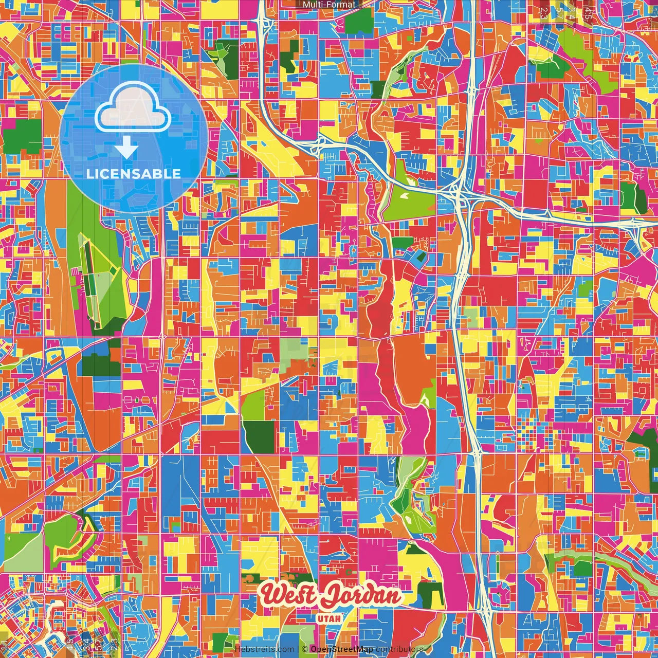 West Jordan, Utah, United States Crazy Colorful Street Map Poster Template