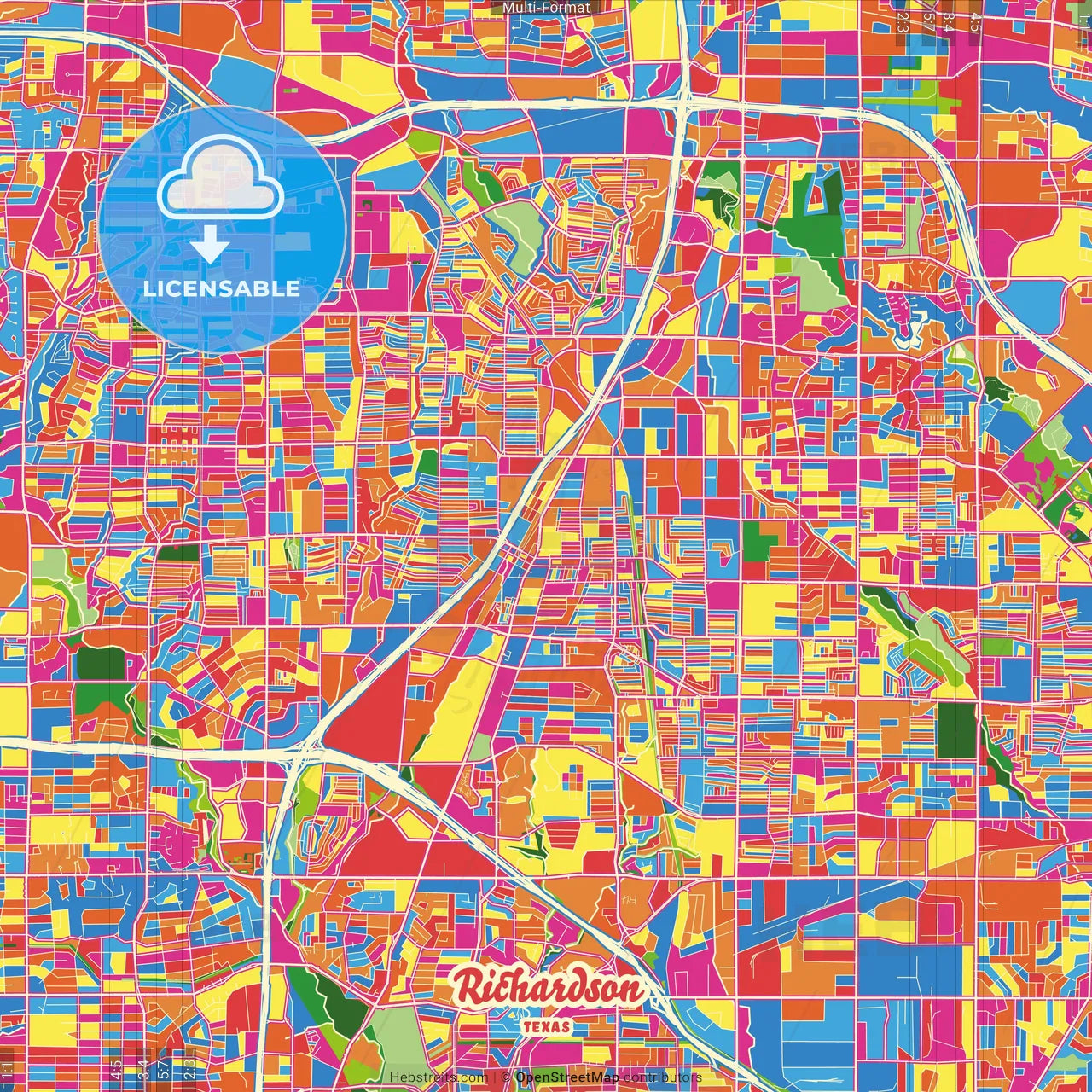 Richardson, Texas, United States Crazy Colorful Street Map Poster Template