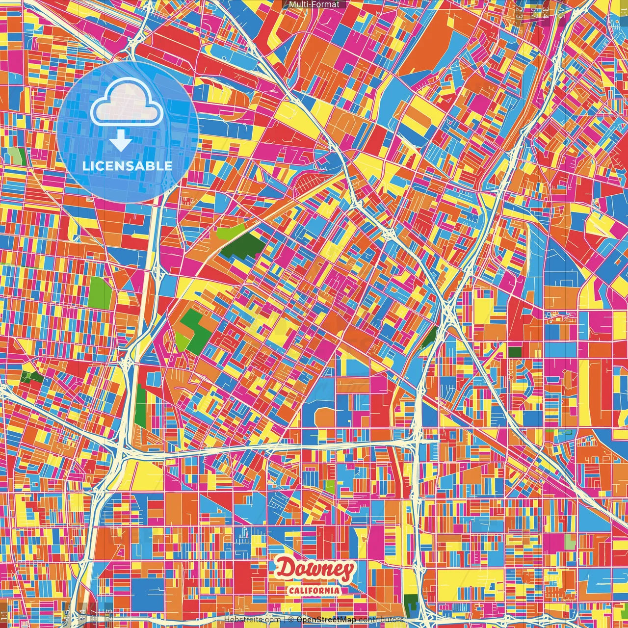 Downey, California, United States Crazy Colorful Street Map Poster Template