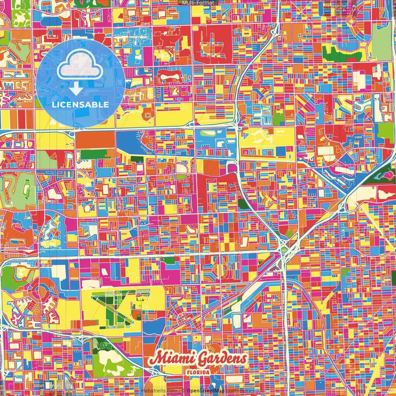 Miami Gardens, Florida, United States Crazy Colorful Street Map Poster Template