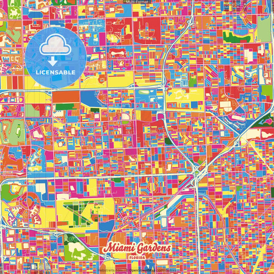 Miami Gardens, Florida, United States Crazy Colorful Street Map Poster Template