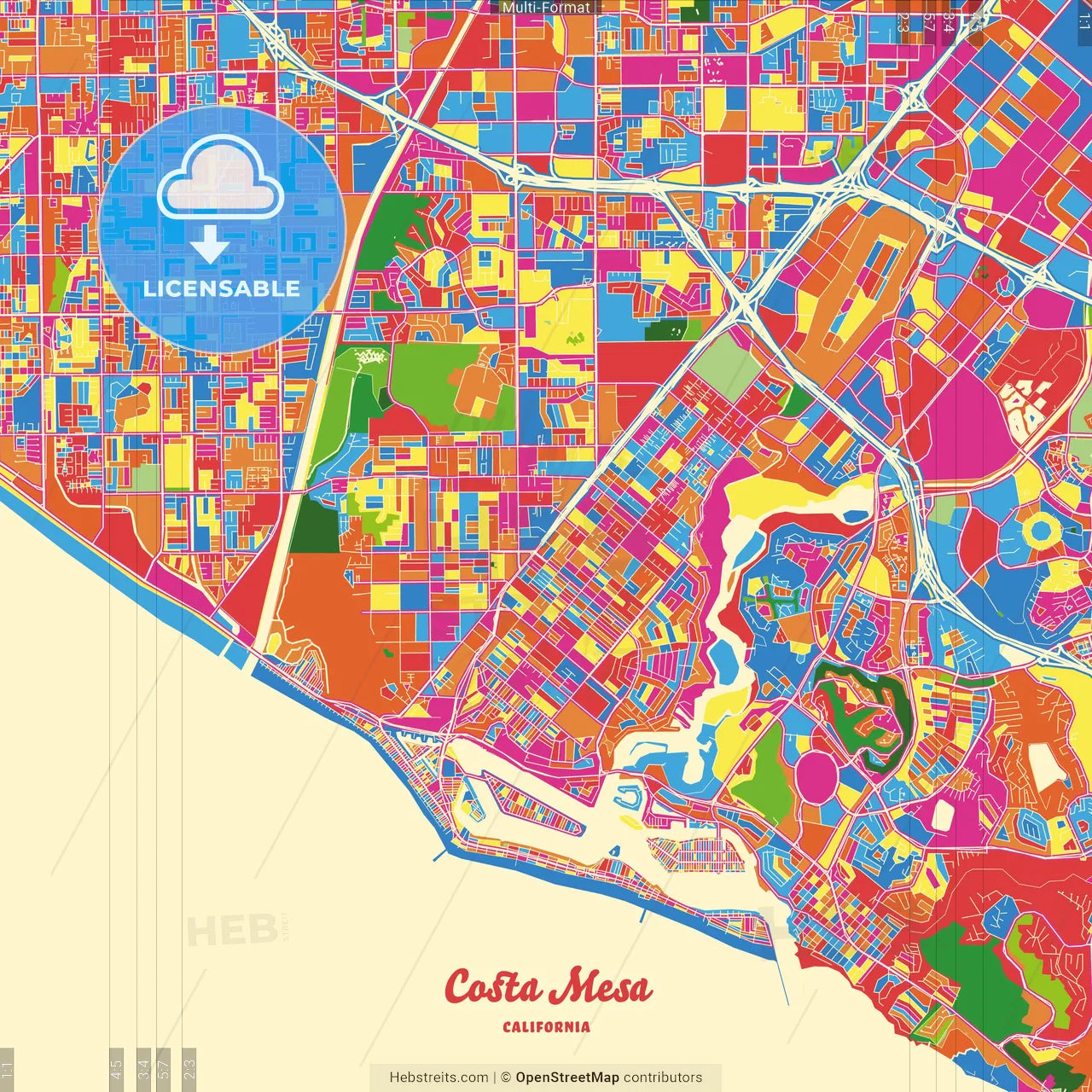 Costa Mesa, California, United States Crazy Colorful Street Map Poster Template
