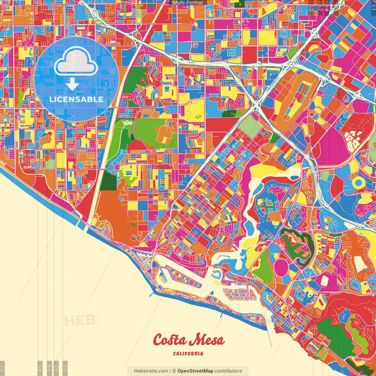 Costa Mesa, California, United States Crazy Colorful Street Map Poster Template