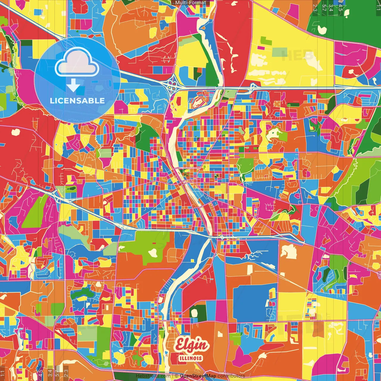 Elgin, Illinois, United States Crazy Colorful Street Map Poster Template