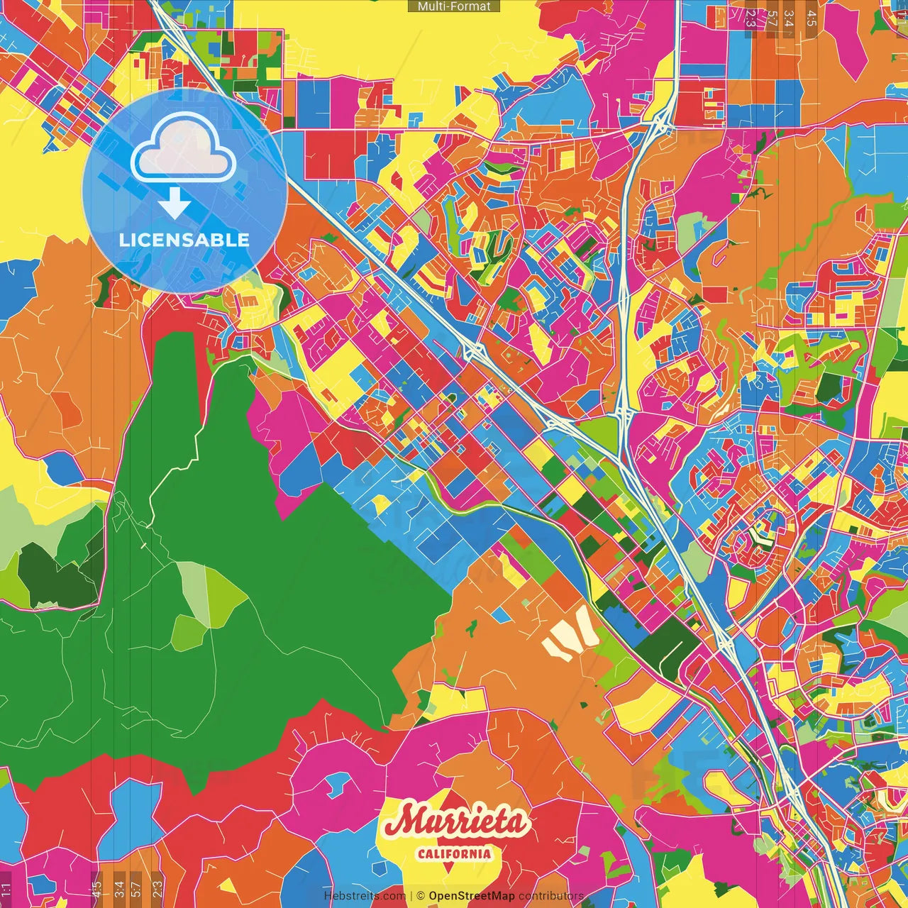 Murrieta, California, United States Crazy Colorful Street Map Poster Template