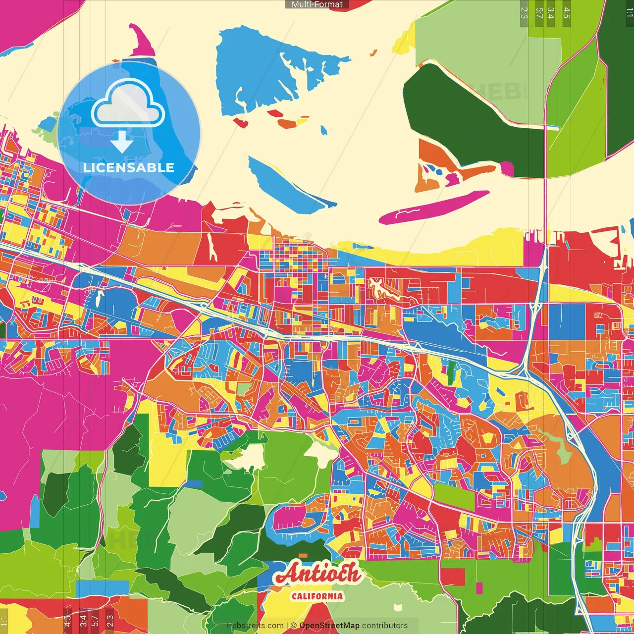 Antioch, California, United States Crazy Colorful Street Map Poster Template