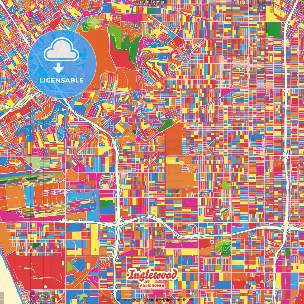 Inglewood, California, United States Crazy Colorful Street Map Poster Template