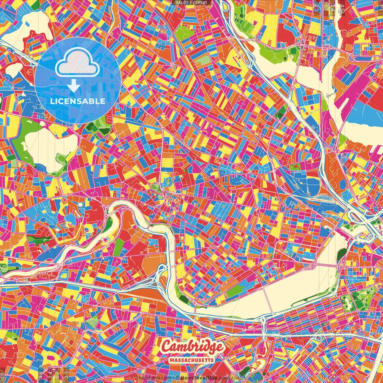 Cambridge, Massachusetts, United States Crazy Colorful Street Map Poster Template