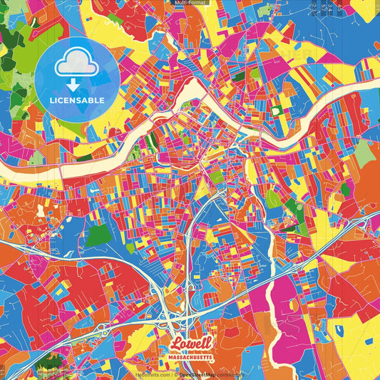 Lowell, Massachusetts, United States Crazy Colorful Street Map Poster Template