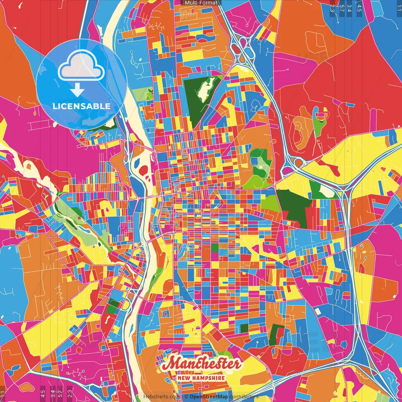 Manchester, New Hampshire, United States Crazy Colorful Street Map Poster Template