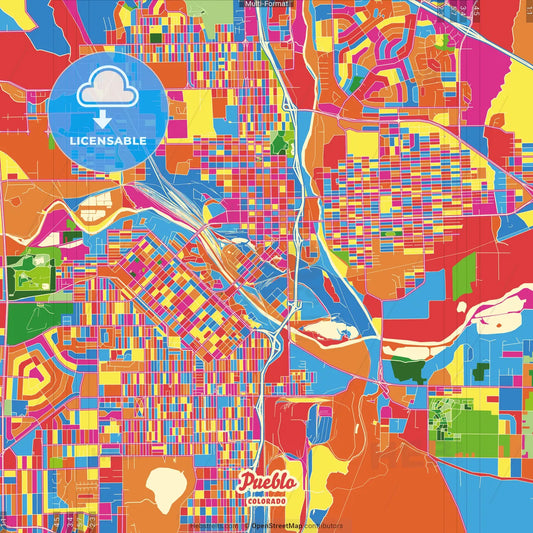 Pueblo, Colorado, United States Crazy Colorful Street Map Poster Template