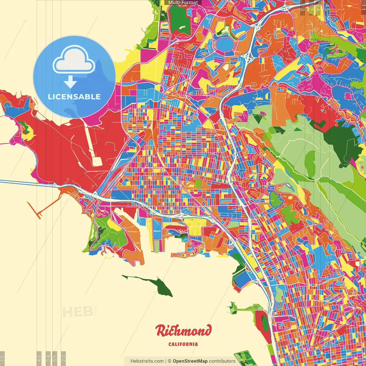 Richmond, California, United States Crazy Colorful Street Map Poster Template