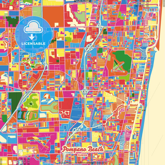 Pompano Beach, Florida, United States Crazy Colorful Street Map Poster Template