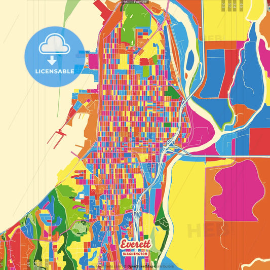 Everett, Washington, United States Crazy Colorful Street Map Poster Template