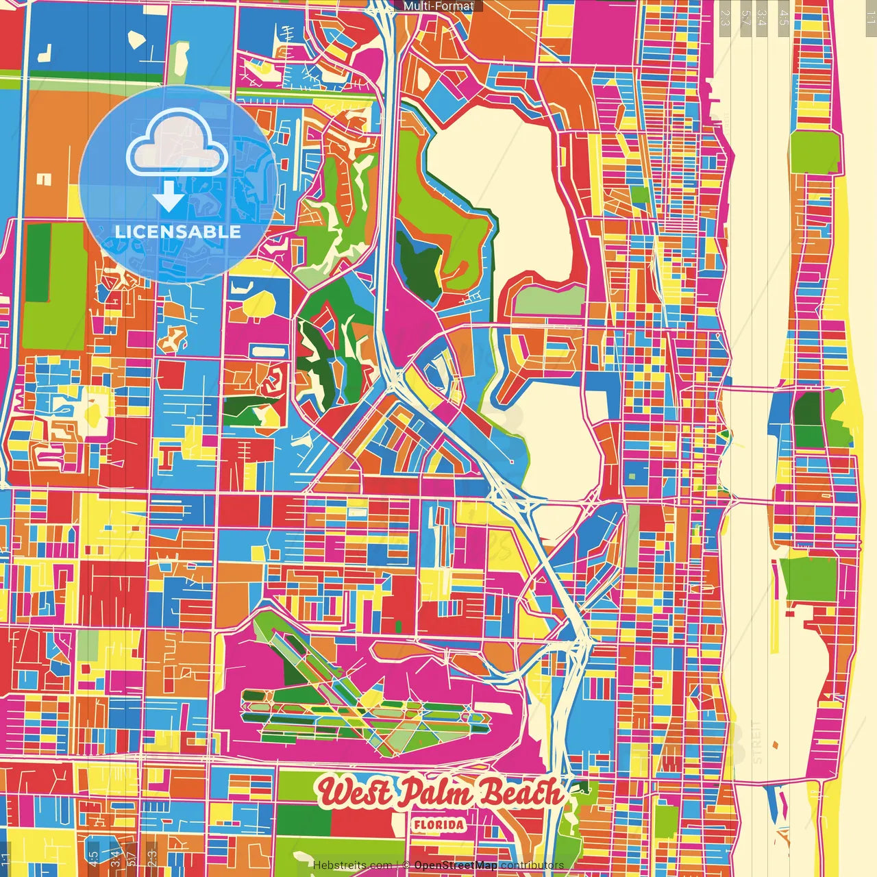 West Palm Beach, Florida, United States Crazy Colorful Street Map Poster Template