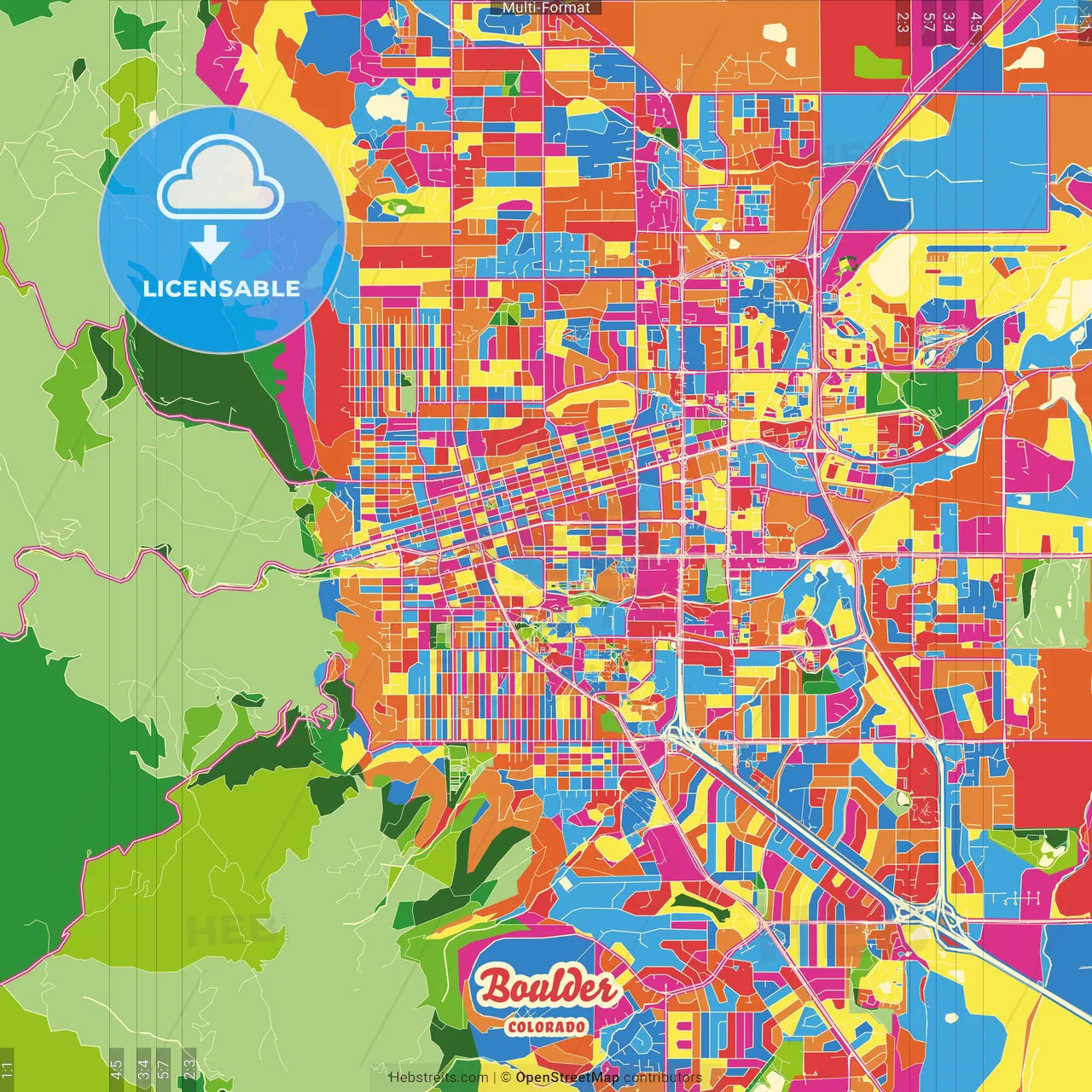 Boulder, Colorado, United States Crazy Colorful Street Map Poster Template