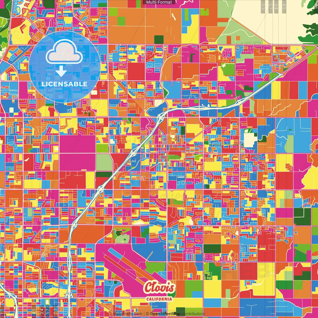 Clovis, California, United States Crazy Colorful Street Map Poster Template