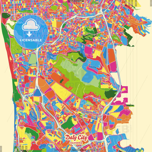 Daly City, California, United States Crazy Colorful Street Map Poster Template