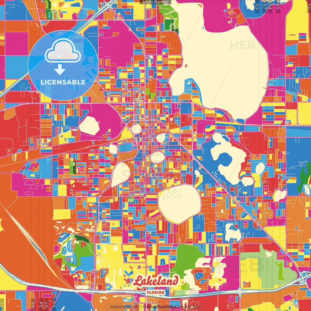 Lakeland, Florida, United States Crazy Colorful Street Map Poster Template