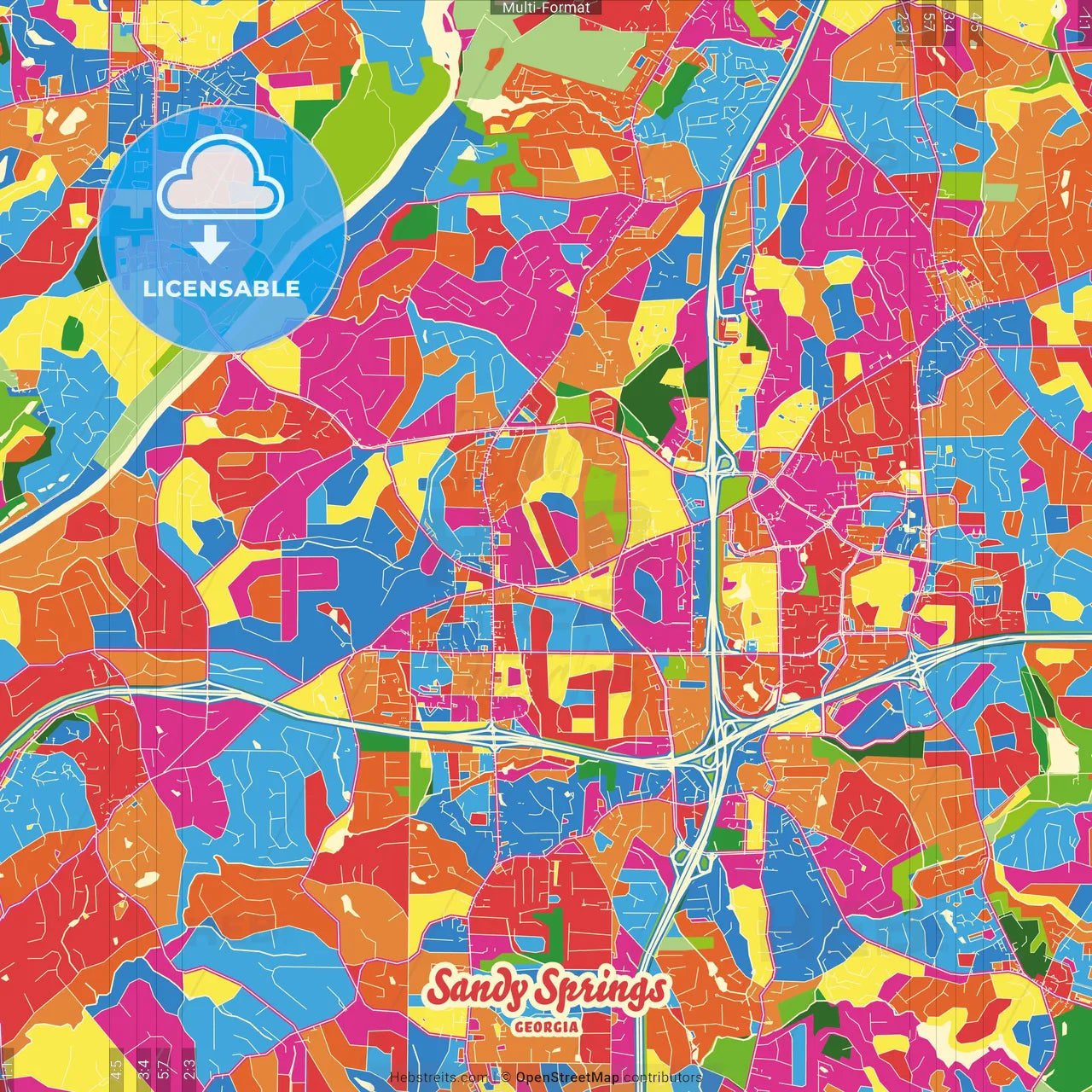 Sandy Springs, Georgia, United States Crazy Colorful Street Map Poster Template