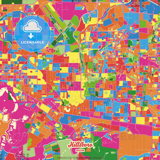 Hillsboro, Oregon, United States Crazy Colorful Street Map Poster Template