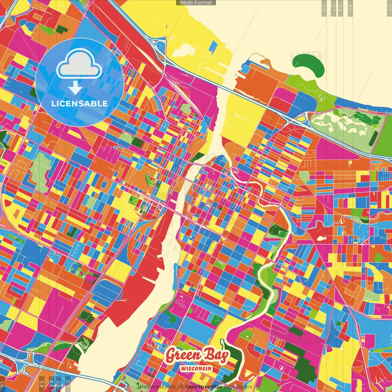 Green Bay, Wisconsin, United States Crazy Colorful Street Map Poster Template