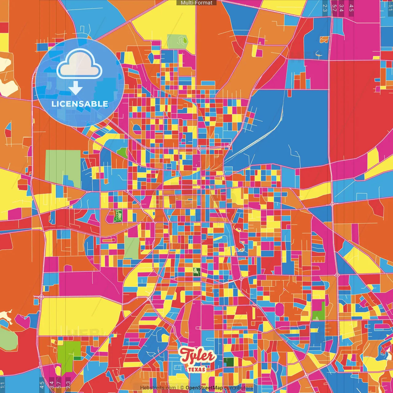 Tyler, Texas, United States Crazy Colorful Street Map Poster Template