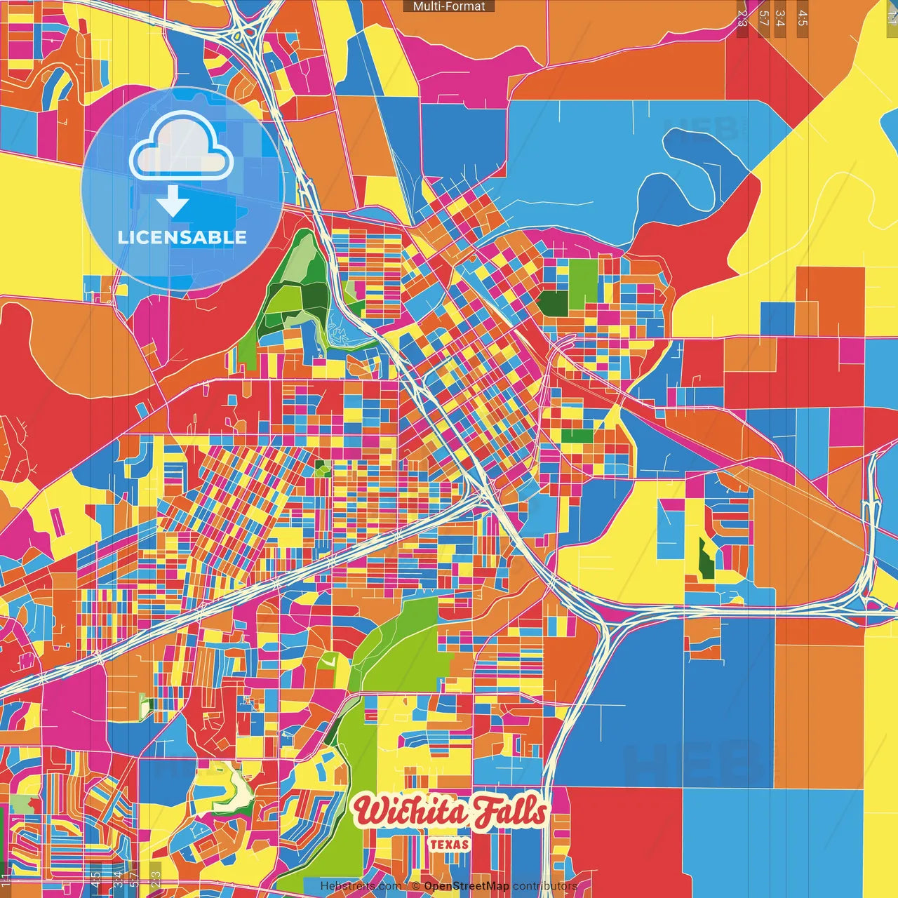 Wichita Falls, Texas, United States Crazy Colorful Street Map Poster Template