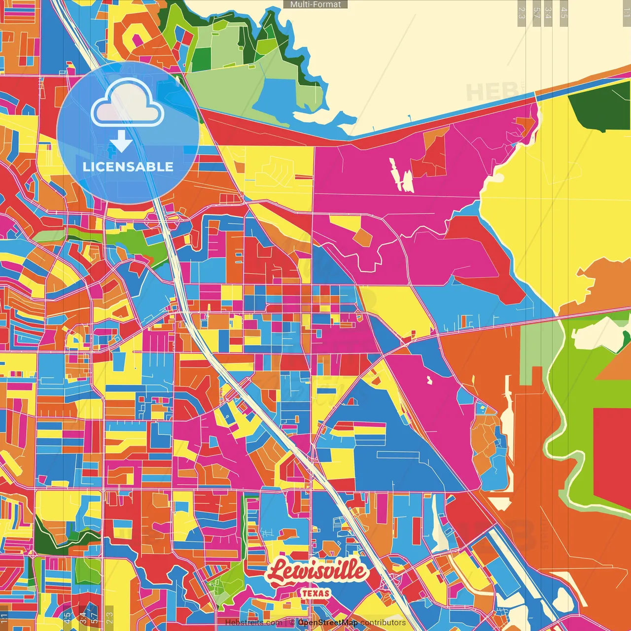 Lewisville, Texas, United States Crazy Colorful Street Map Poster Template