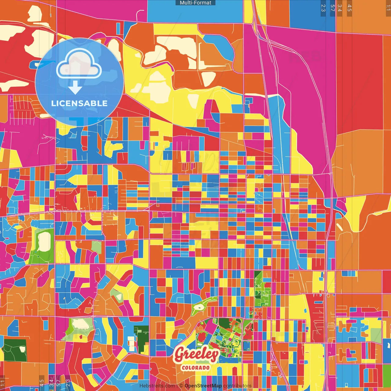 Greeley, Colorado, United States Crazy Colorful Street Map Poster Template