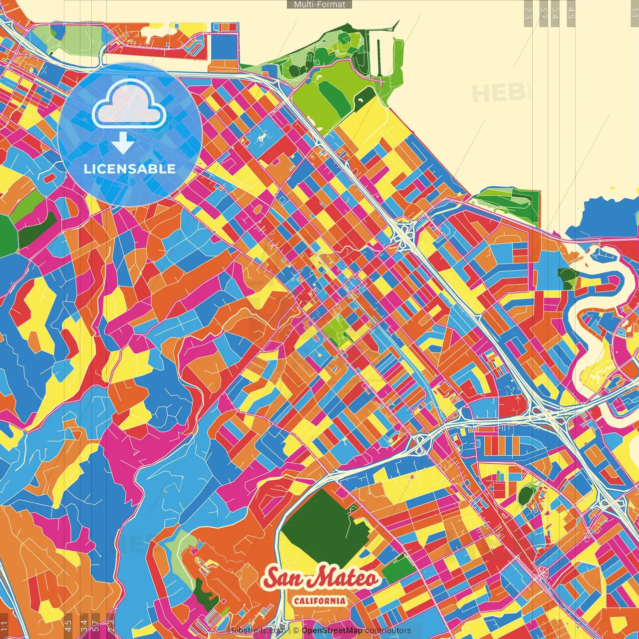 San Mateo, California, United States Crazy Colorful Street Map Poster Template