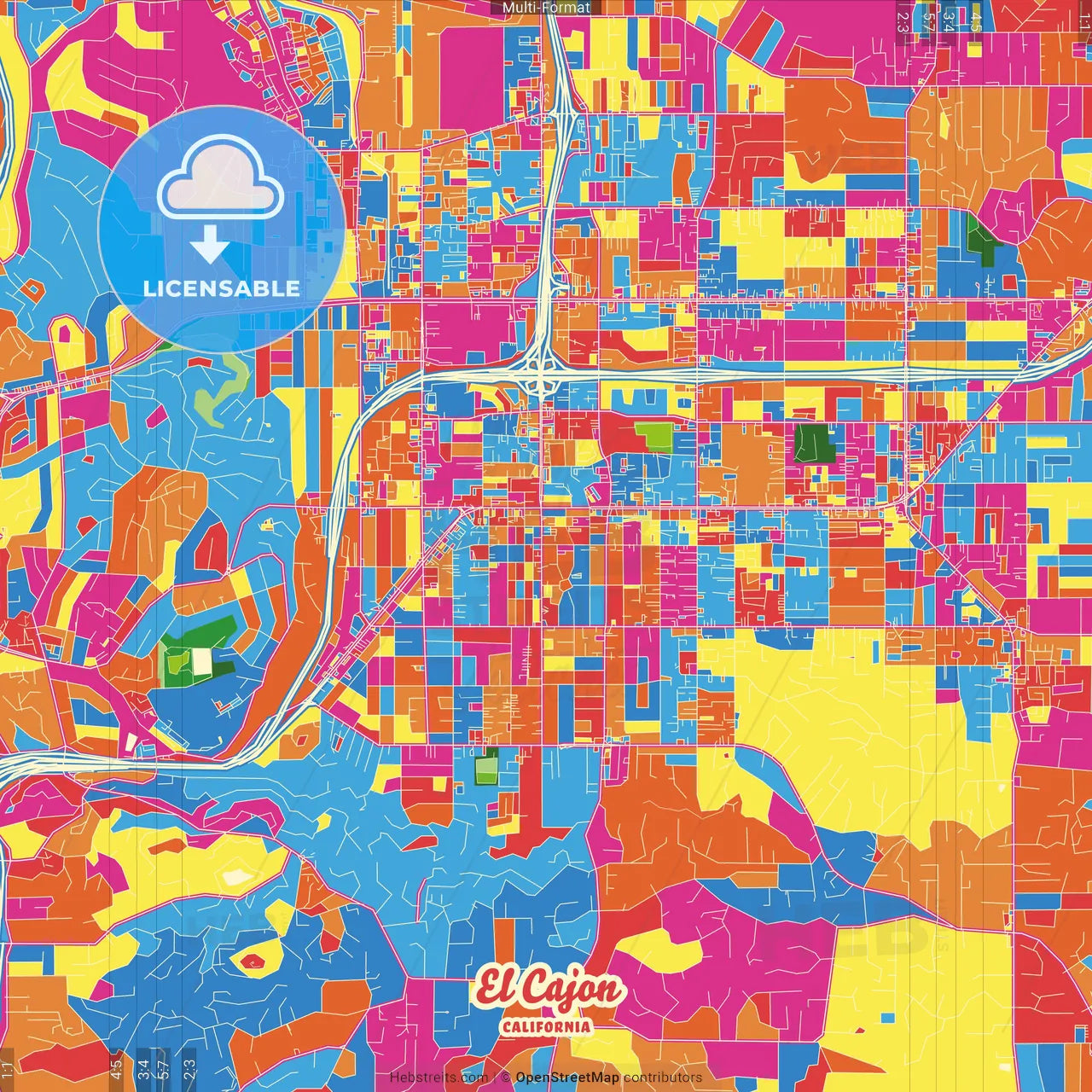 El Cajon, California, United States Crazy Colorful Street Map Poster Template