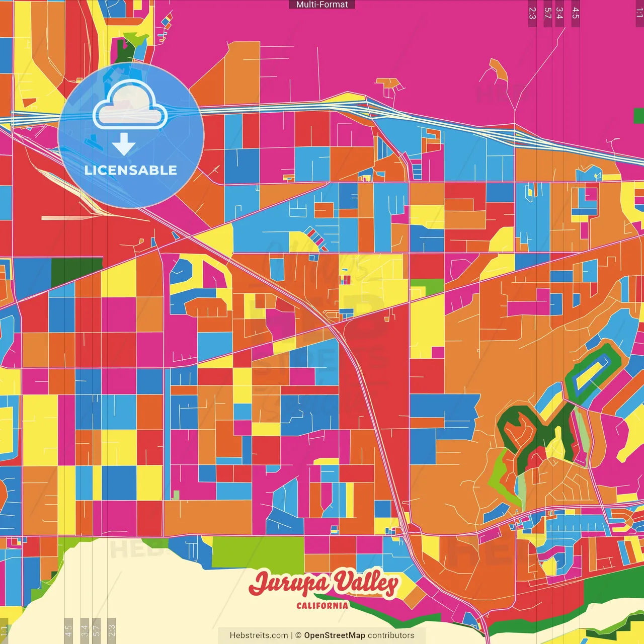 Jurupa Valley, California, United States Crazy Colorful Street Map Poster Template