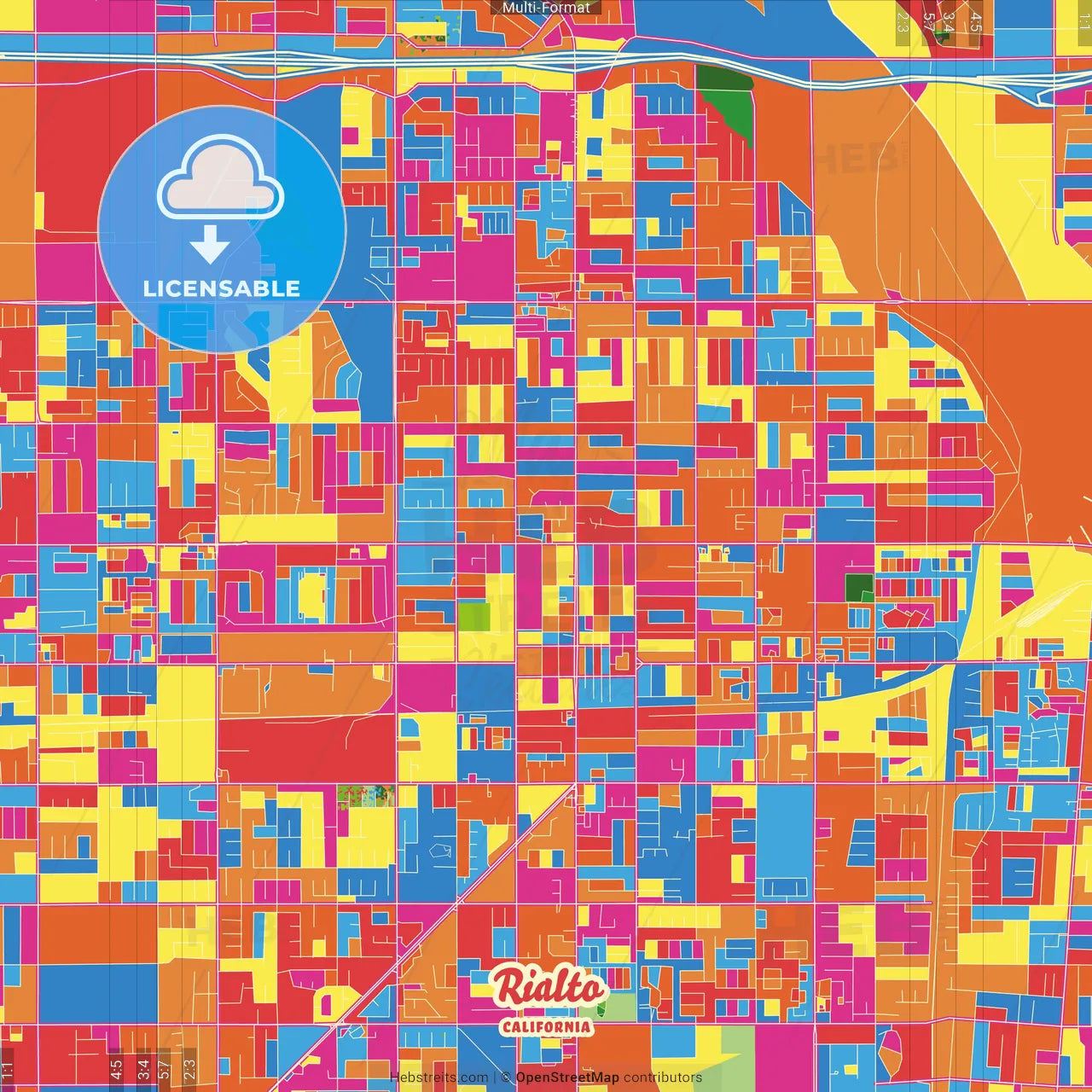 Rialto, California, United States Crazy Colorful Street Map Poster Template