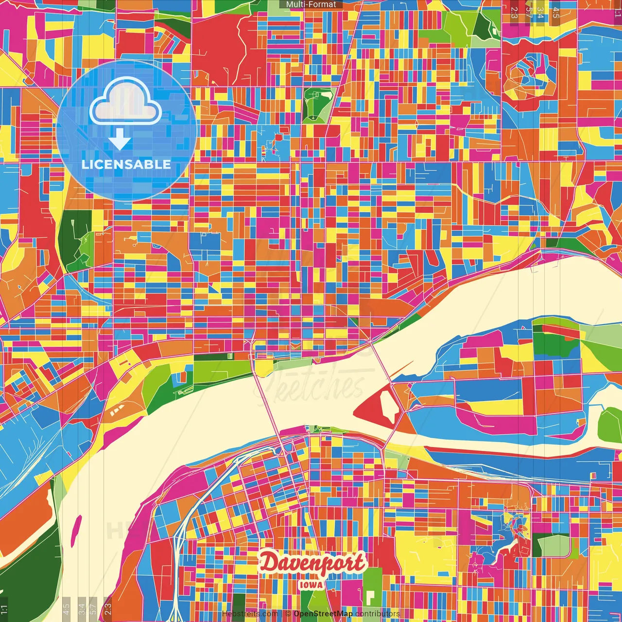 Davenport, Iowa, United States Crazy Colorful Street Map Poster Template