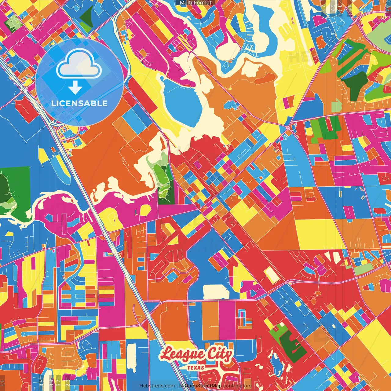 League City, Texas, United States Crazy Colorful Street Map Poster Template