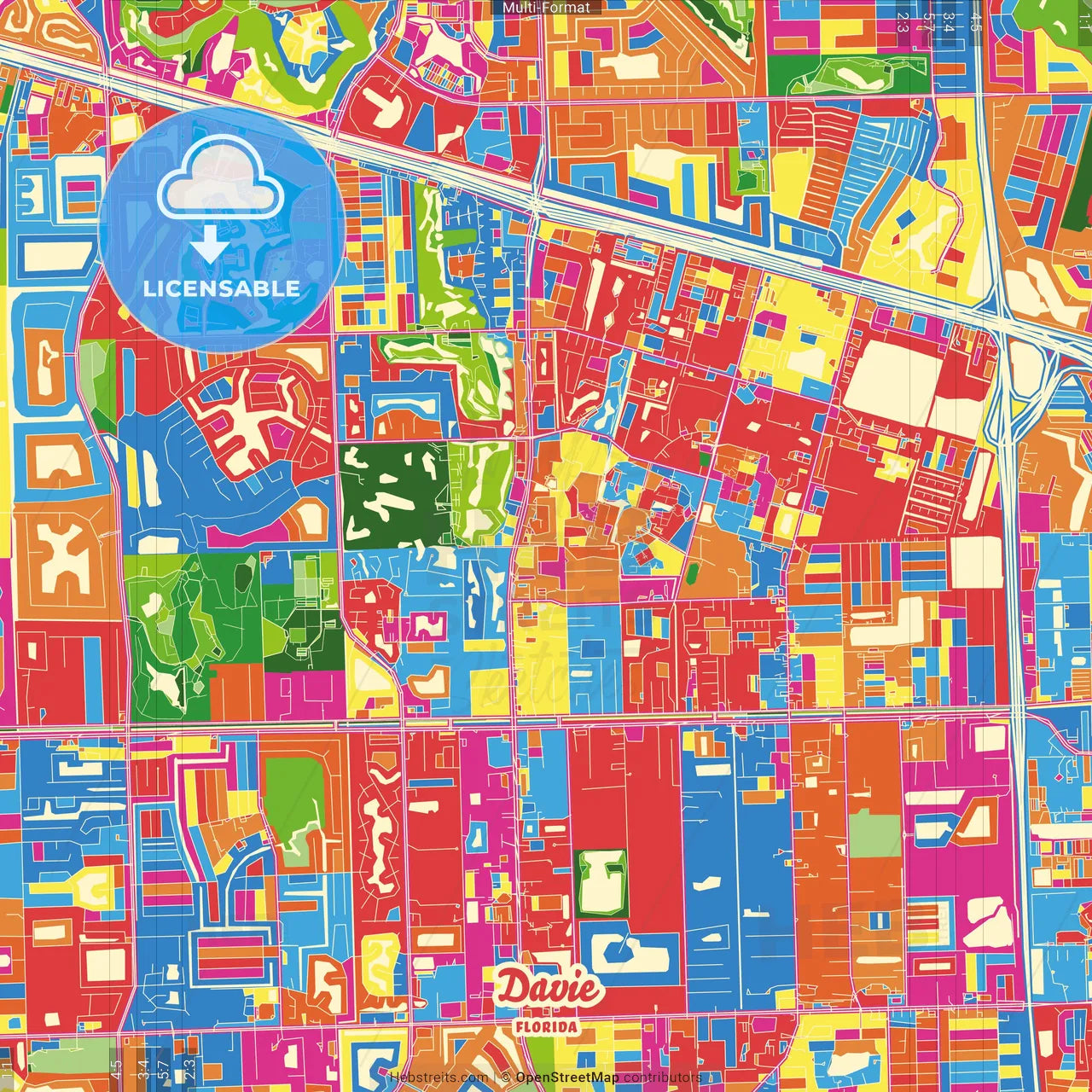 Davie, Florida, United States Crazy Colorful Street Map Poster Template