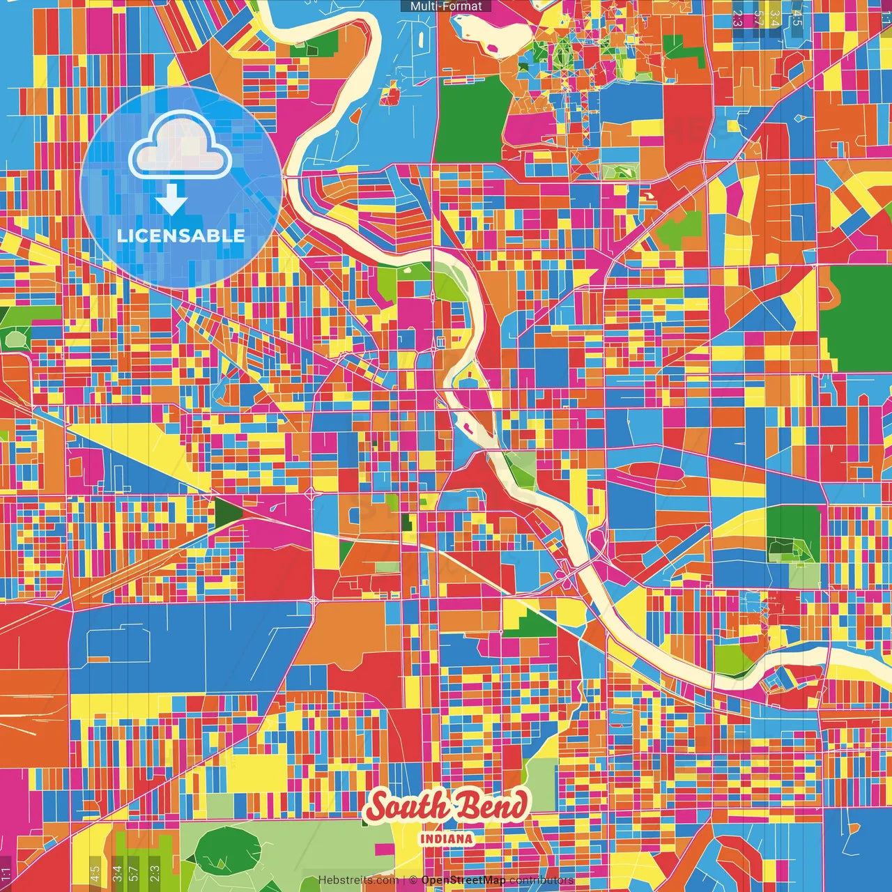 South Bend, Indiana, United States Crazy Colorful Street Map Poster Template
