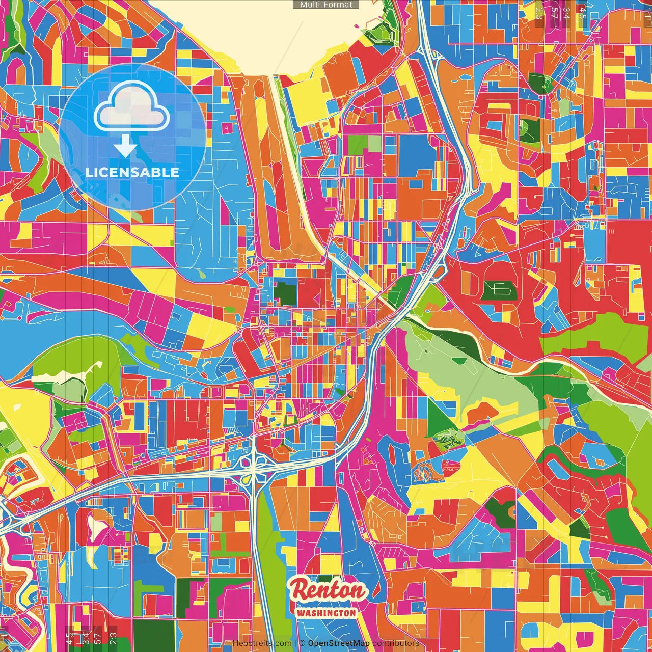 Renton, Washington, United States Crazy Colorful Street Map Poster Template