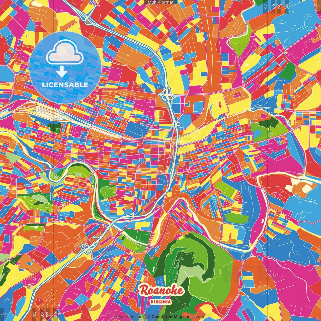Roanoke, Virginia, United States Crazy Colorful Street Map Poster Template