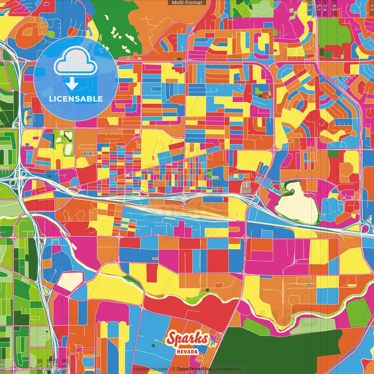 Sparks, Nevada, United States Crazy Colorful Street Map Poster Template