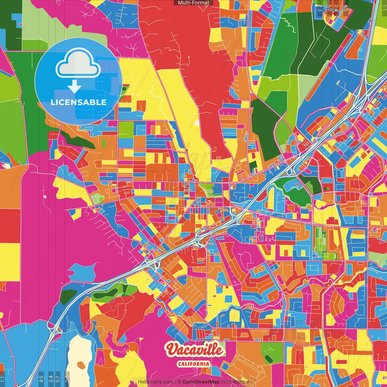 Vacaville, California, United States Crazy Colorful Street Map Poster Template