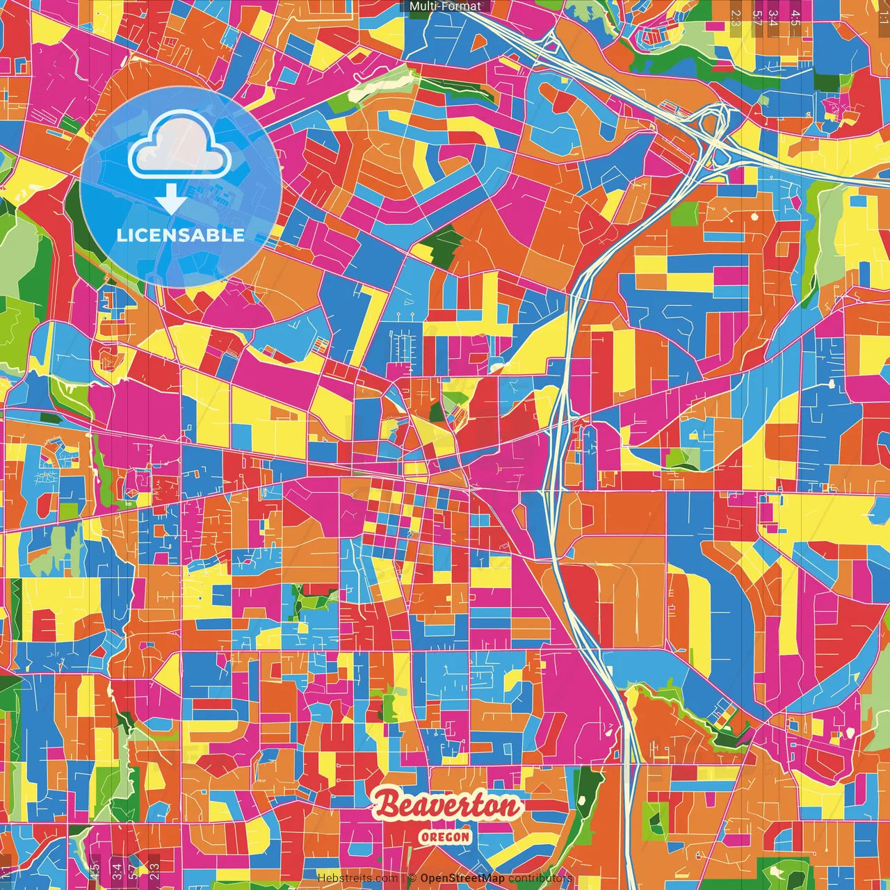 Beaverton, Oregon, United States Crazy Colorful Street Map Poster Template