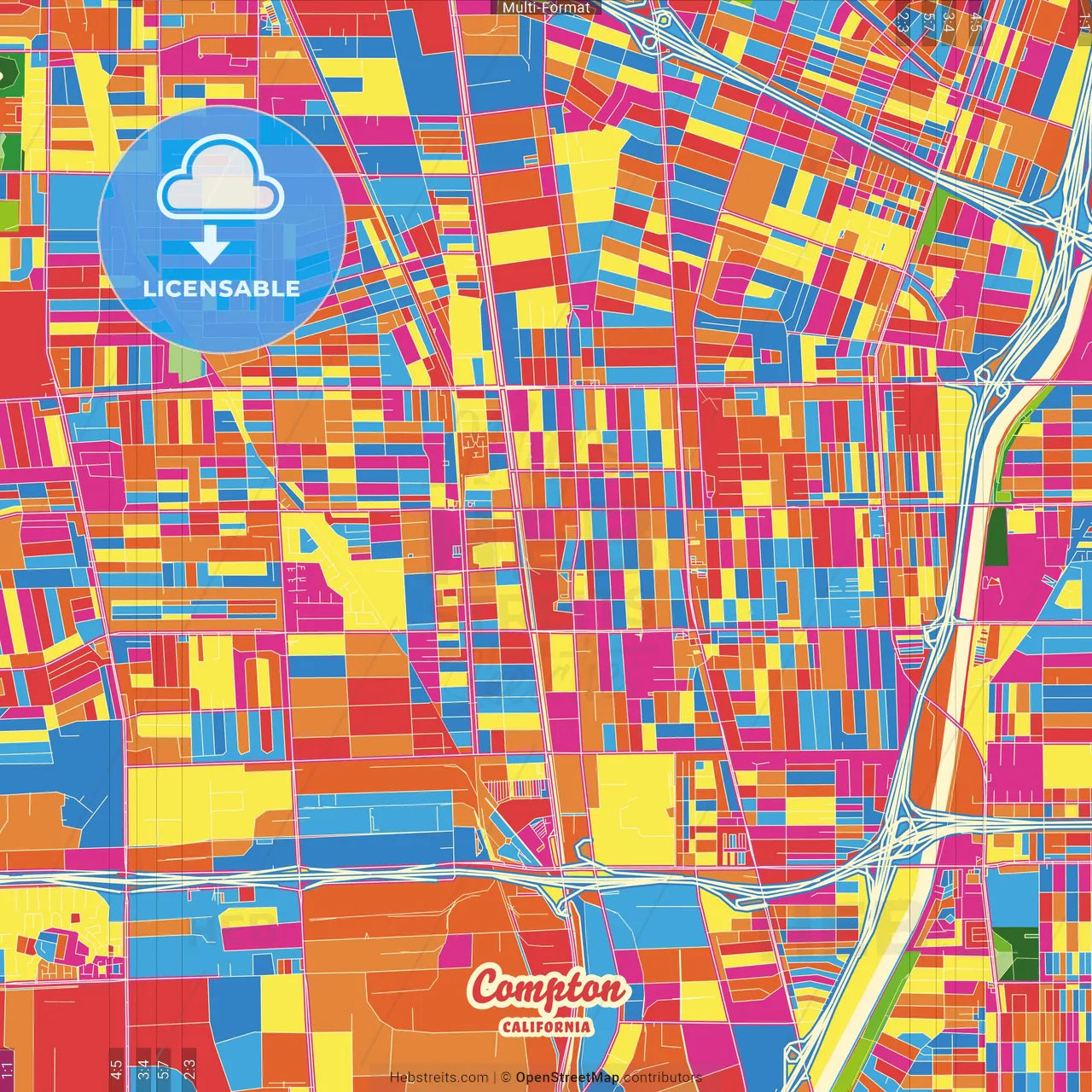 Compton, California, United States Crazy Colorful Street Map Poster Template