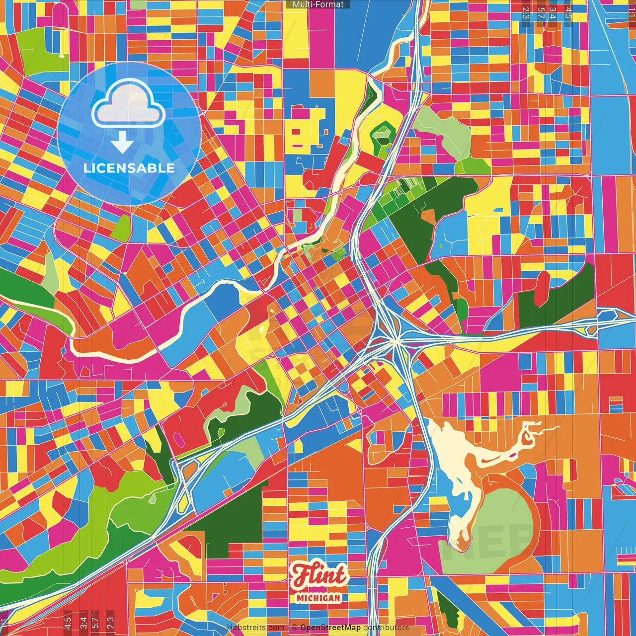 Flint, Michigan, United States Crazy Colorful Street Map Poster Template
