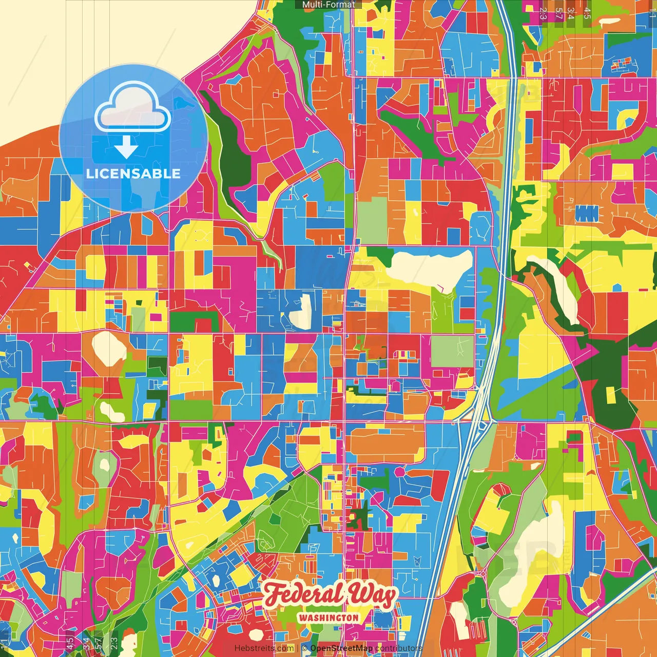 Federal Way, Washington, United States Crazy Colorful Street Map Poster Template
