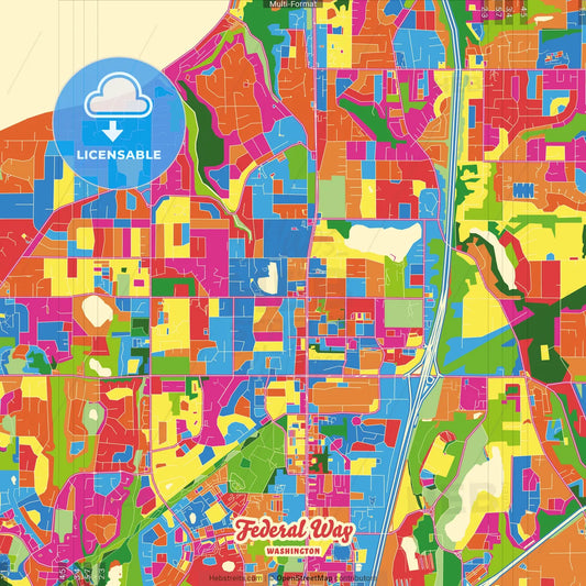 Federal Way, Washington, United States Crazy Colorful Street Map Poster Template