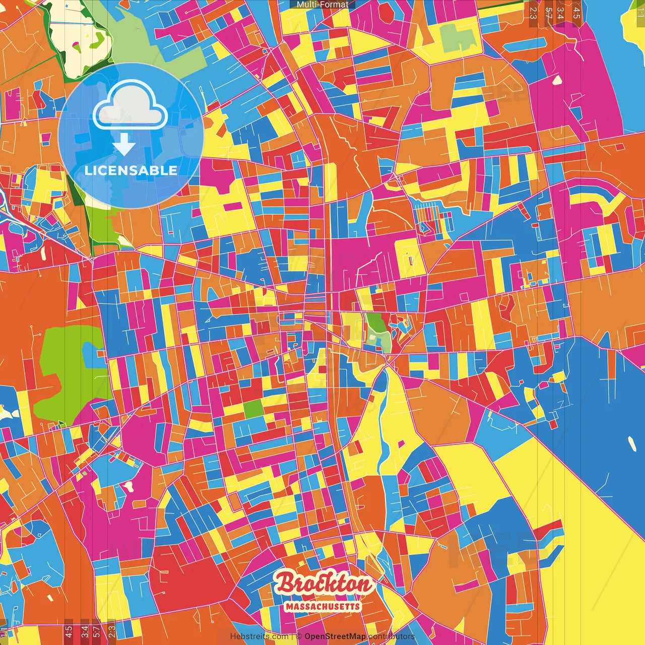 Brockton, Massachusetts, United States Crazy Colorful Street Map Poster Template