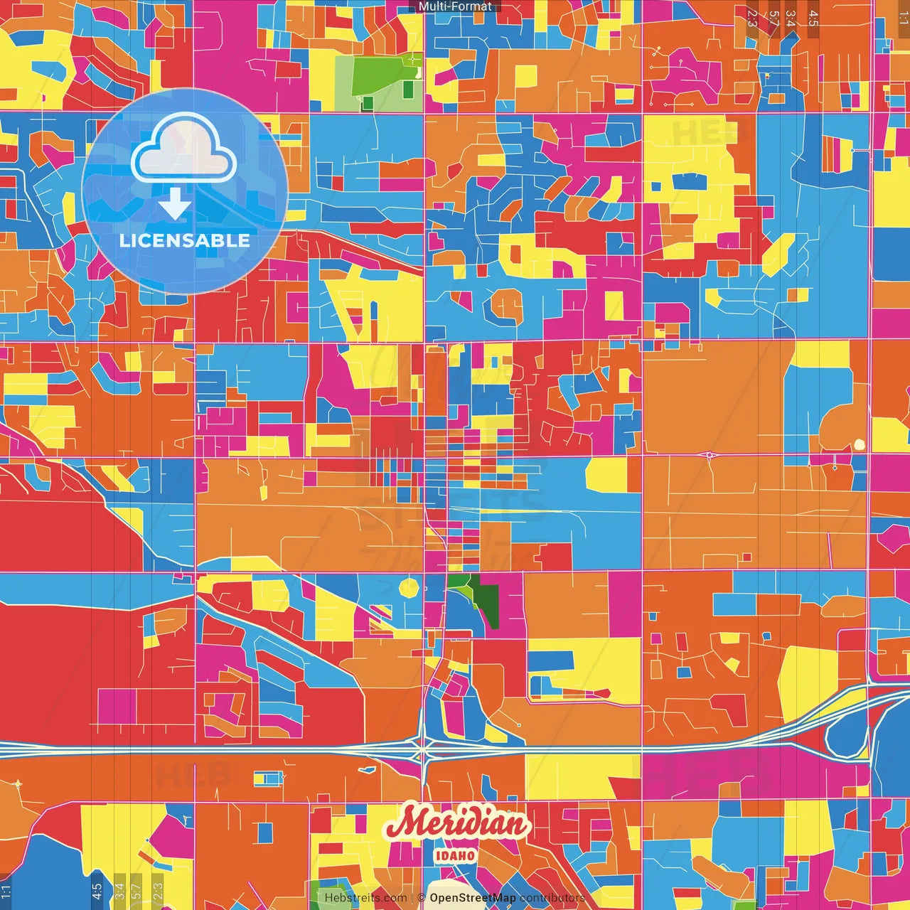 Meridian, Idaho, United States Crazy Colorful Street Map Poster Template