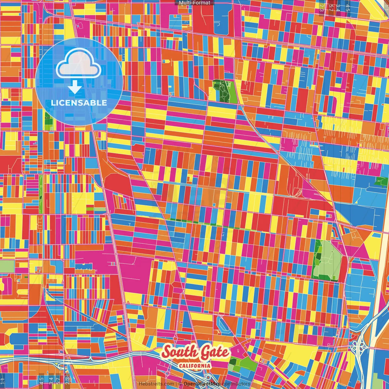South Gate, California, United States Crazy Colorful Street Map Poster Template